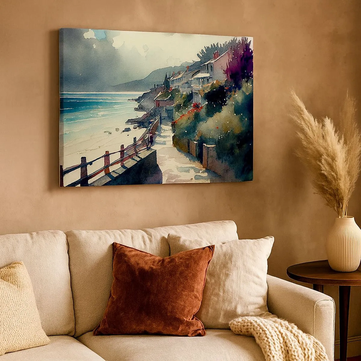 Impression sur toile - Image sur toile - Promenade en bord de mer avec maisons et végétation - 70x50cm - Ville méditerranéenne - Décoration murale moderne pour le salon et la chambre ARTTOR