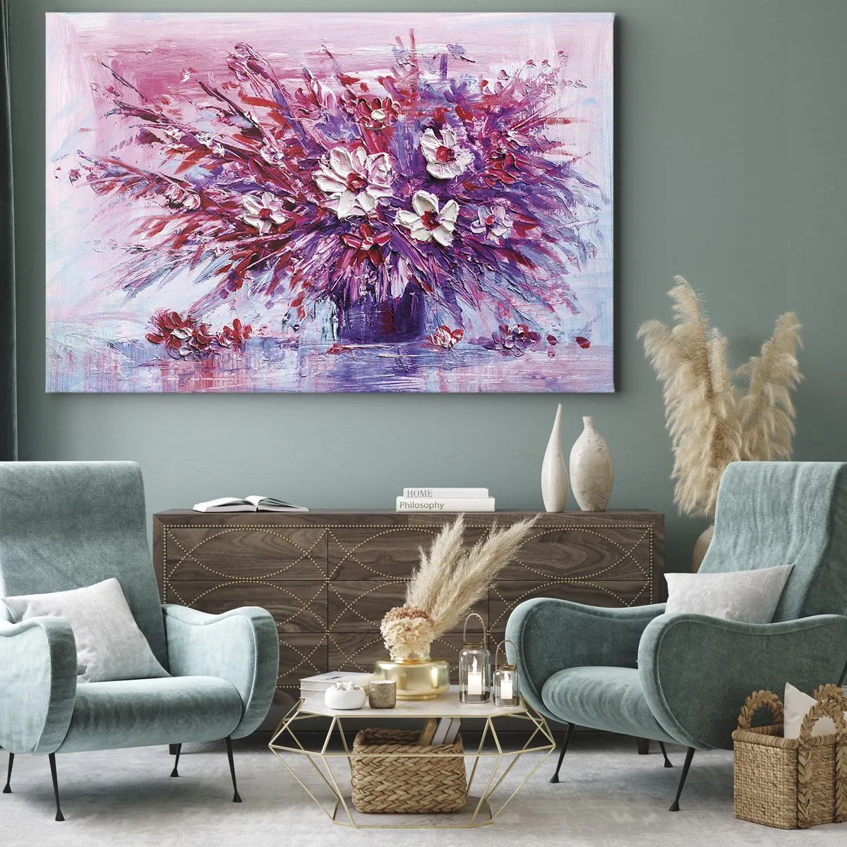Impression sur toile - Image sur toile - Un bouquet de fleurs colorées dans des tons de rose et de violet - 70x50cm - Innocence et passion - Décoration murale moderne pour le salon et la chambre ARTTOR