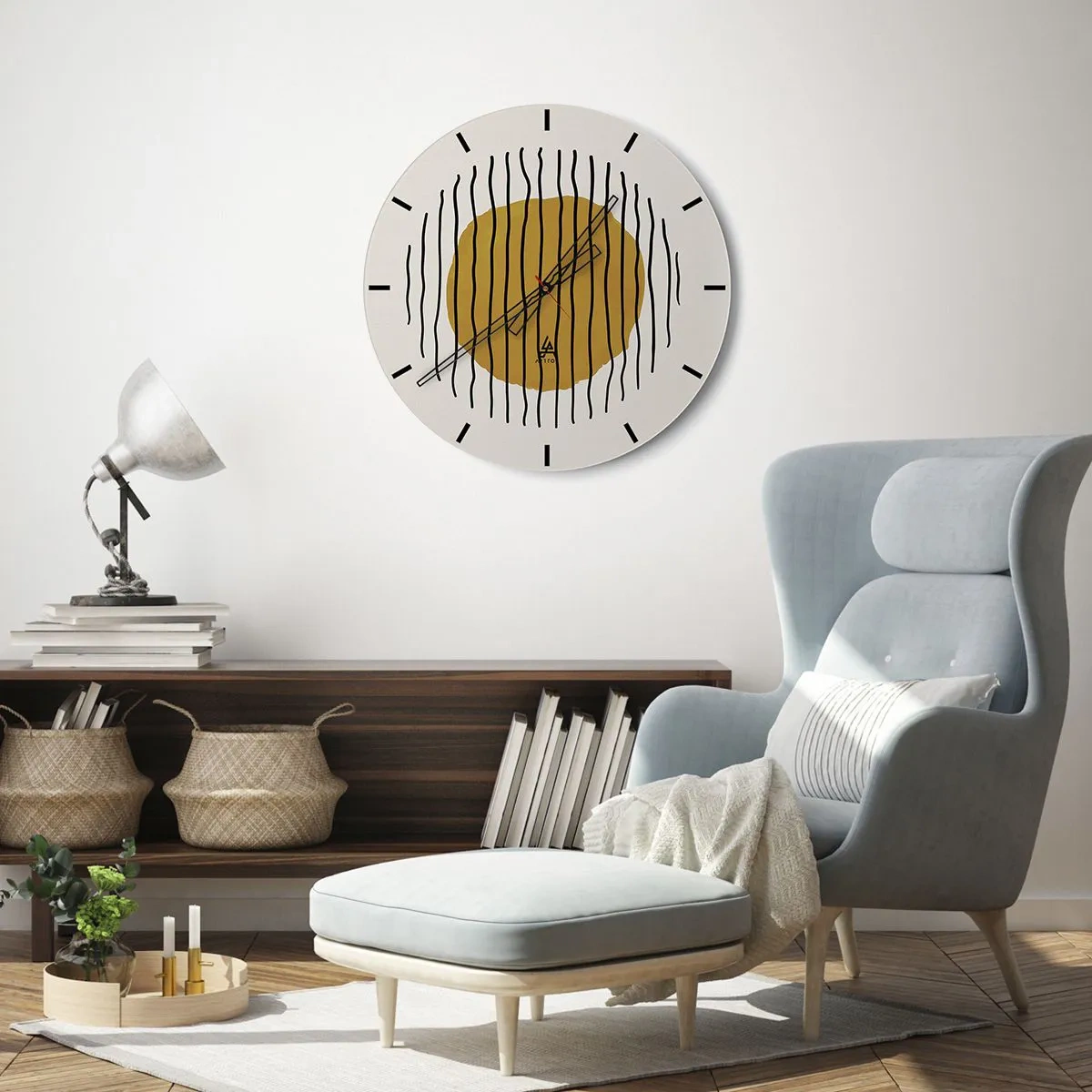 Horloge murale - Pendule murale - Un cercle jaune-orange entouré de lignes ondulées noires - 30x30cm - Abstraction tremblante de chaleur - Décoration murale moderne pour le salon, la cuisine et la chambre ARTTOR