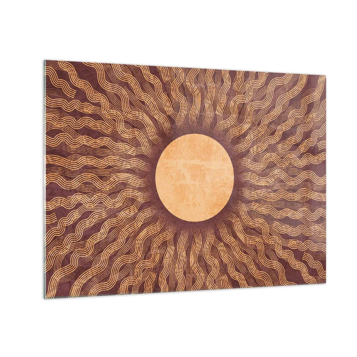 Impression sur verre - Image sur verre - Un soleil stylisé avec des rayons en forme de lignes ondulées sur un fond marron. - 70x50cm - Icône du soleil - Décoration murale moderne pour le salon et la chambre ARTTOR