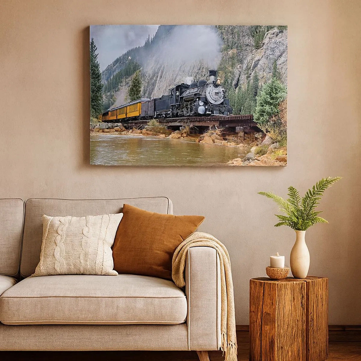 Impression sur toile - Image sur toile - Une locomotive à vapeur sur un pont dans un paysage de montagne pittoresque - 70x50cm - Et lui jusqu'où? Jusqu'où? - Décoration murale moderne pour le salon et la chambre ARTTOR