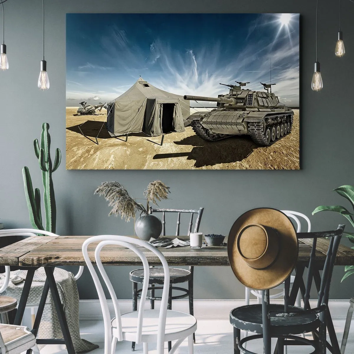 Impression sur toile - Image sur toile - Un char à côté d'une tente militaire dans une zone désertique - 70x50cm - Un rêve militaire - Décoration murale moderne pour le salon et la chambre ARTTOR