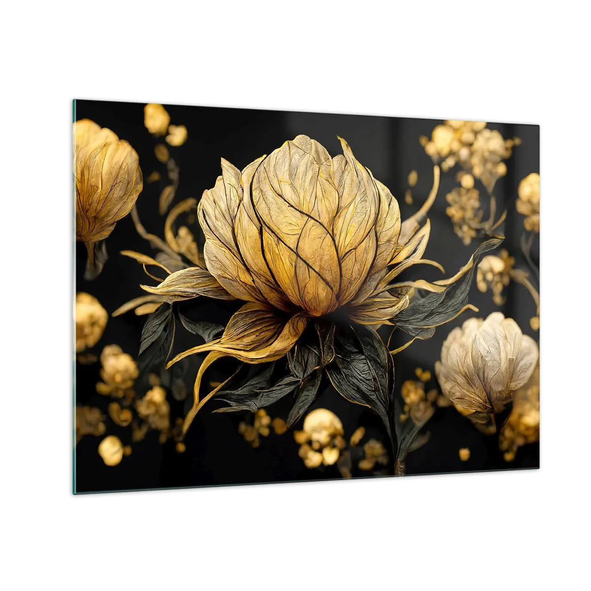 Impression sur verre - Image sur verre - Fleurs dorées sur fond noir dans une composition élégante - 70x50cm - Fragilité subtile - Décoration murale moderne pour le salon et la chambre ARTTOR