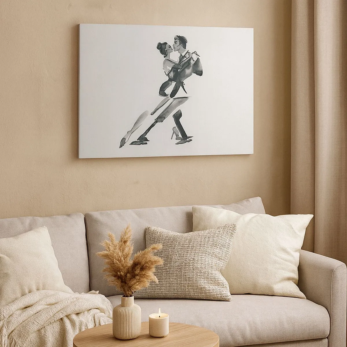 Impression sur toile - Image sur toile - Une illustration subtile d'un couple dansant dans un style monochrome. - 70x50cm - En un battement - Décoration murale moderne pour le salon et la chambre ARTTOR