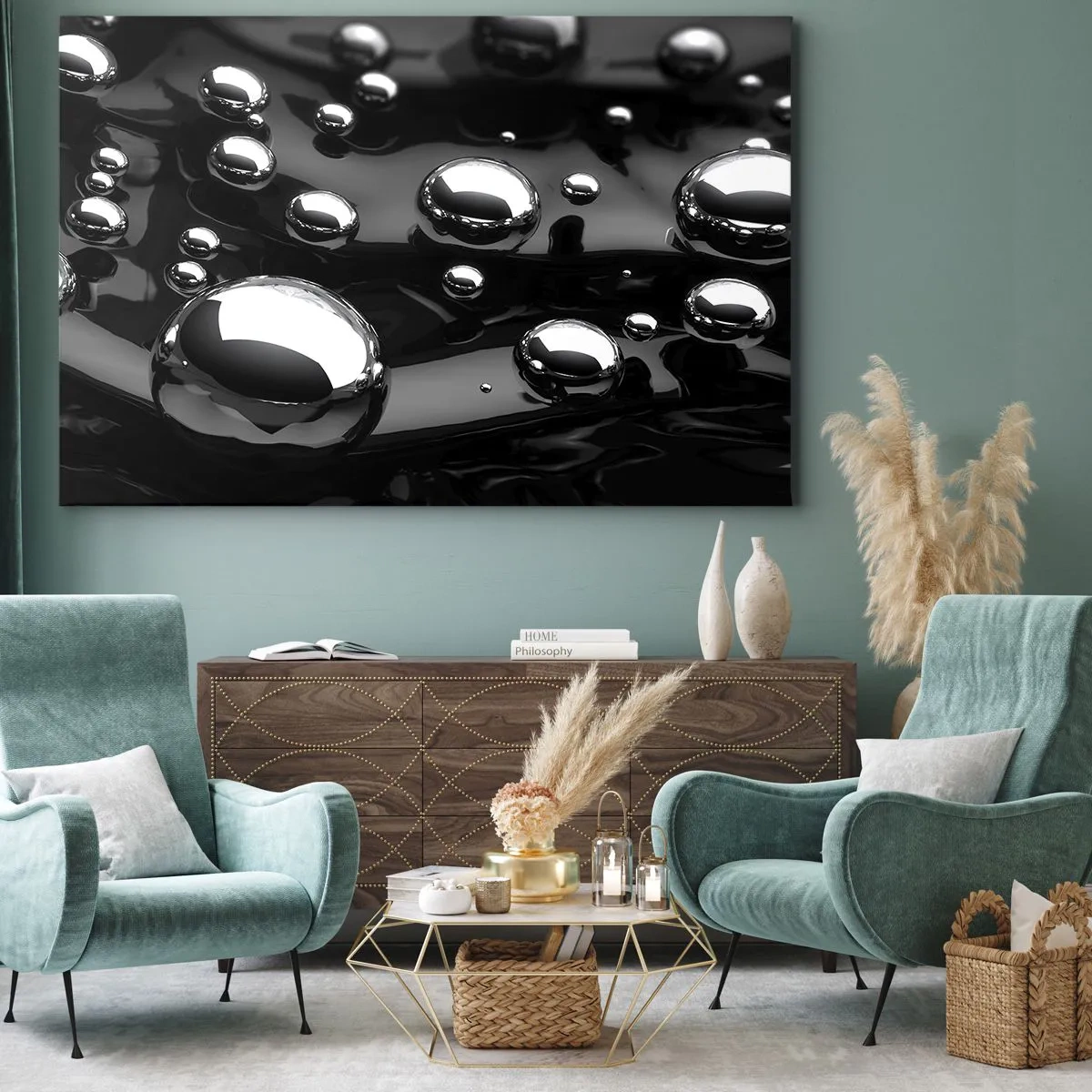 Impression sur toile - Image sur toile - Gouttes abstraites sur une surface noire - 70x50cm - D'un ton noir - Décoration murale moderne pour le salon et la chambre ARTTOR