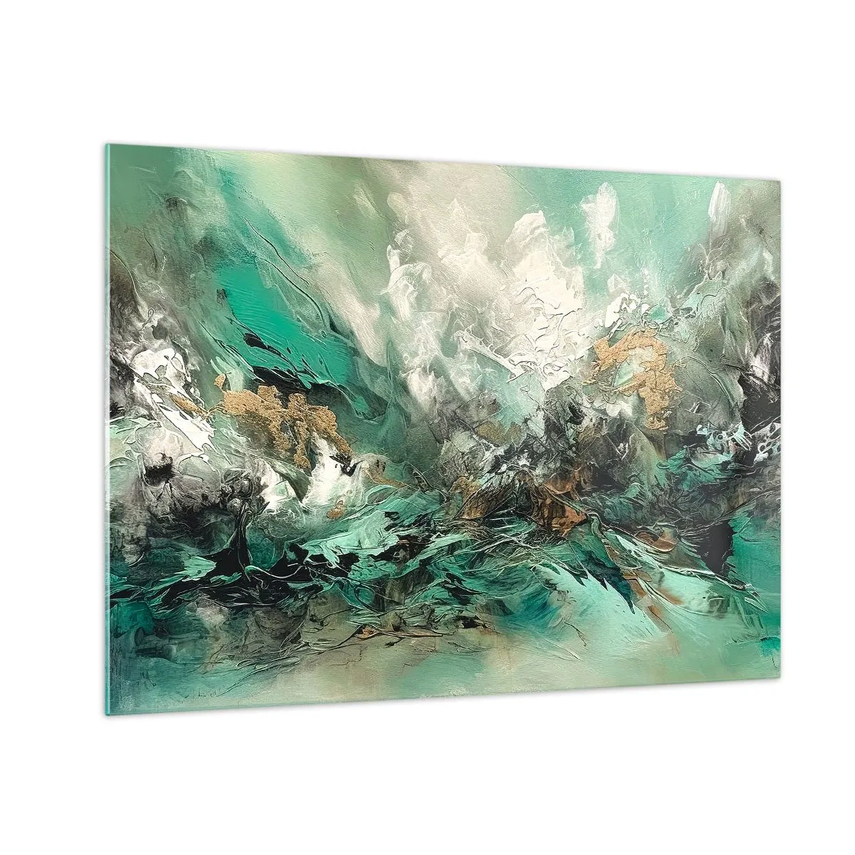Impression sur verre - Image sur verre - Une composition abstraite dans les tons émeraude, noir et blanc. - 70x50cm - Ressac émeraude et noir - Décoration murale moderne pour le salon et la chambre ARTTOR
