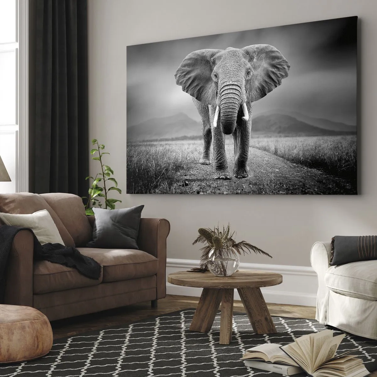 Impression sur toile - Image sur toile - Un puissant éléphant dans la savane aux tons monochromes - 70x50cm - Les hôtes vous saluent - Décoration murale moderne pour le salon et la chambre ARTTOR