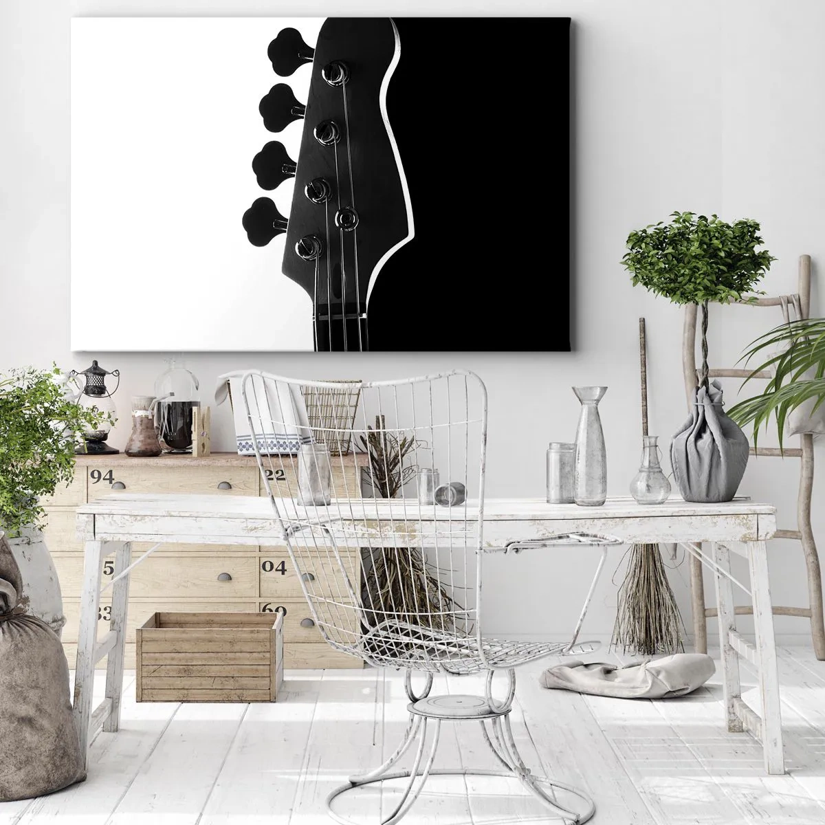 Impression sur toile - Image sur toile - Silhouette noire et blanche d'une tête de guitare basse - 70x50cm - Silence de roche - Décoration murale moderne pour le salon et la chambre ARTTOR