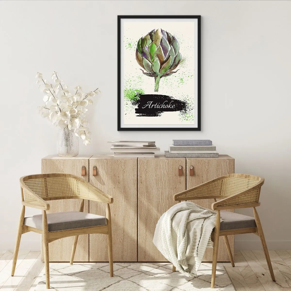 Affiche dans un cadre noir - Poster - Illustration à l'aquarelle d'un artichaut sur fond clair - 50x70cm - Vive les légumes! - Décoration murale moderne pour le salon et la chambre ARTTOR
