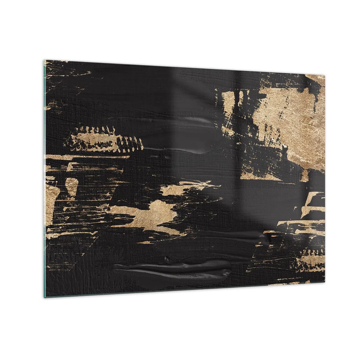 Impression sur verre - Image sur verre - Abstraction noire et dorée avec une texture semblable à un coup de pinceau - 70x50cm - Empreinte du toucher - Décoration murale moderne pour le salon et la chambre ARTTOR