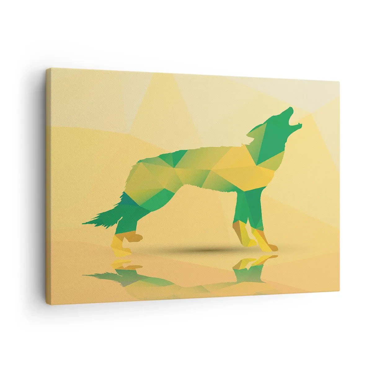 Impression sur toile - Image sur toile - Silhouette de loup géométrique dans les tons verts et jaunes - 70x50cm - Loup solitaire - Décoration murale moderne pour le salon et la chambre ARTTOR