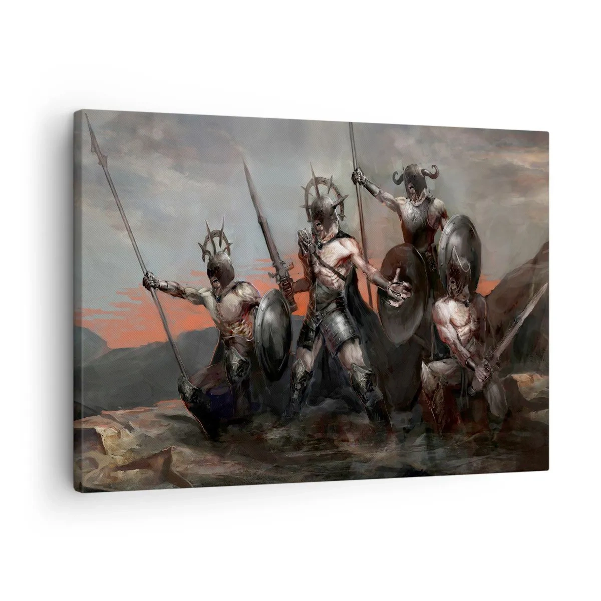 Impression sur toile - Image sur toile - Un groupe de guerriers en armure avec des lances sur fond de coucher de soleil - 70x50cm - Avec ou sur un bouclier - Décoration murale moderne pour le salon et la chambre ARTTOR