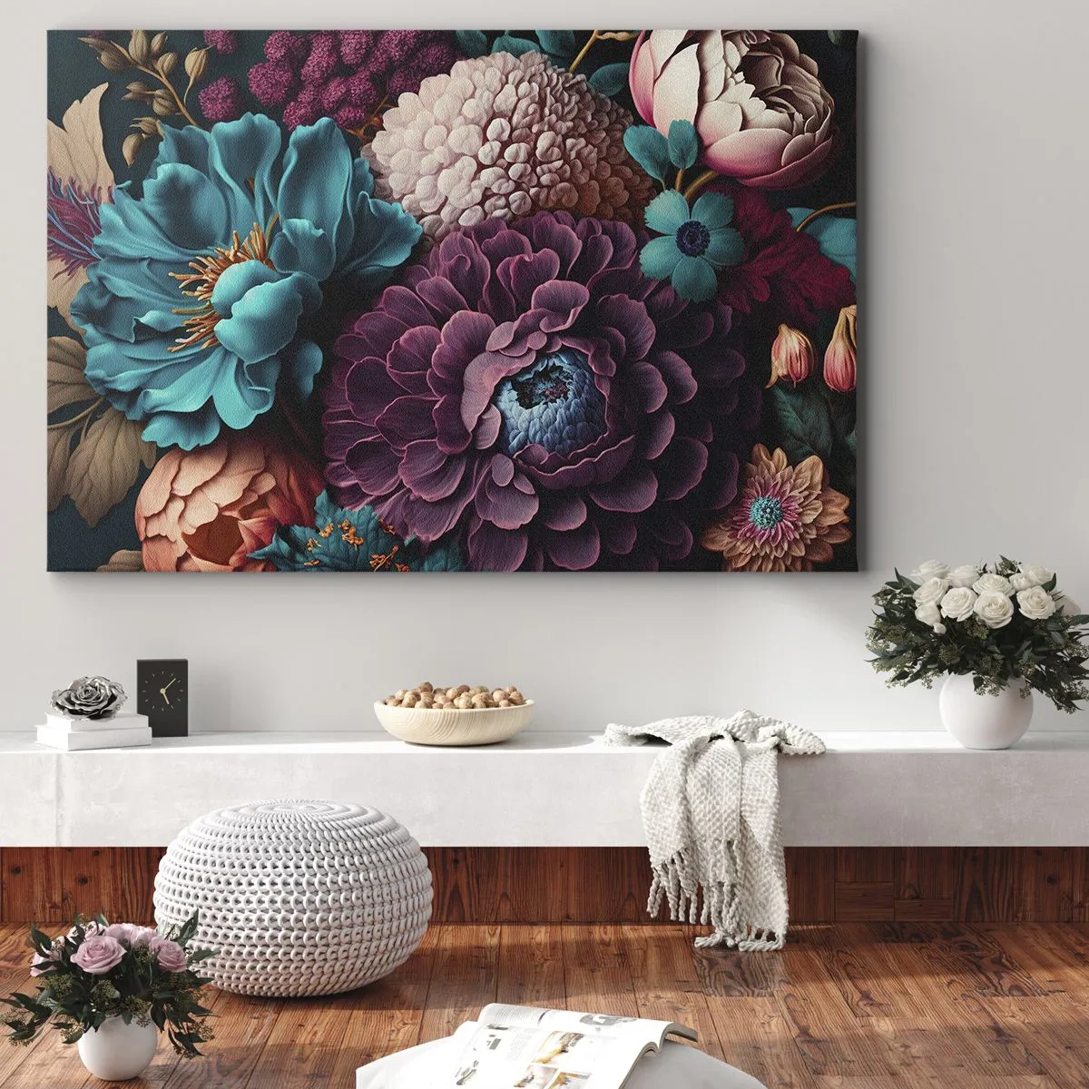 Impression sur toile - Image sur toile - Un bouquet de fleurs aux couleurs intenses sur fond sombre - 70x50cm - La nature en abondance - Décoration murale moderne pour le salon et la chambre ARTTOR