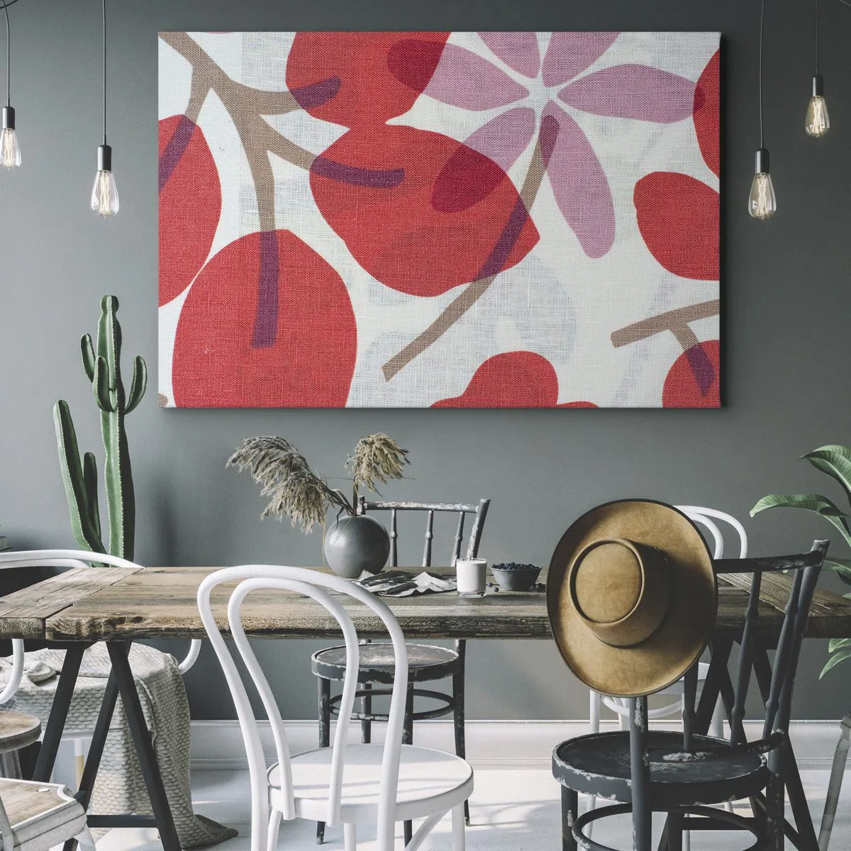 Impression sur toile - Image sur toile - Fleurs et feuilles dans les tons de rouge et de rose - 70x50cm - Composition florale dans les roses - Décoration murale moderne pour le salon et la chambre ARTTOR
