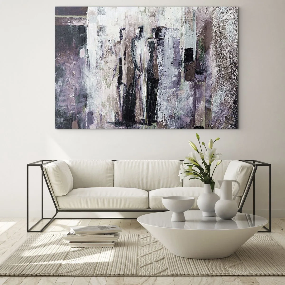 Impression sur verre - Image sur verre - Silhouettes abstraites de personnages sur un fond de peinture texturée - 70x50cm - Les trois mystérieux - Décoration murale moderne pour le salon et la chambre ARTTOR