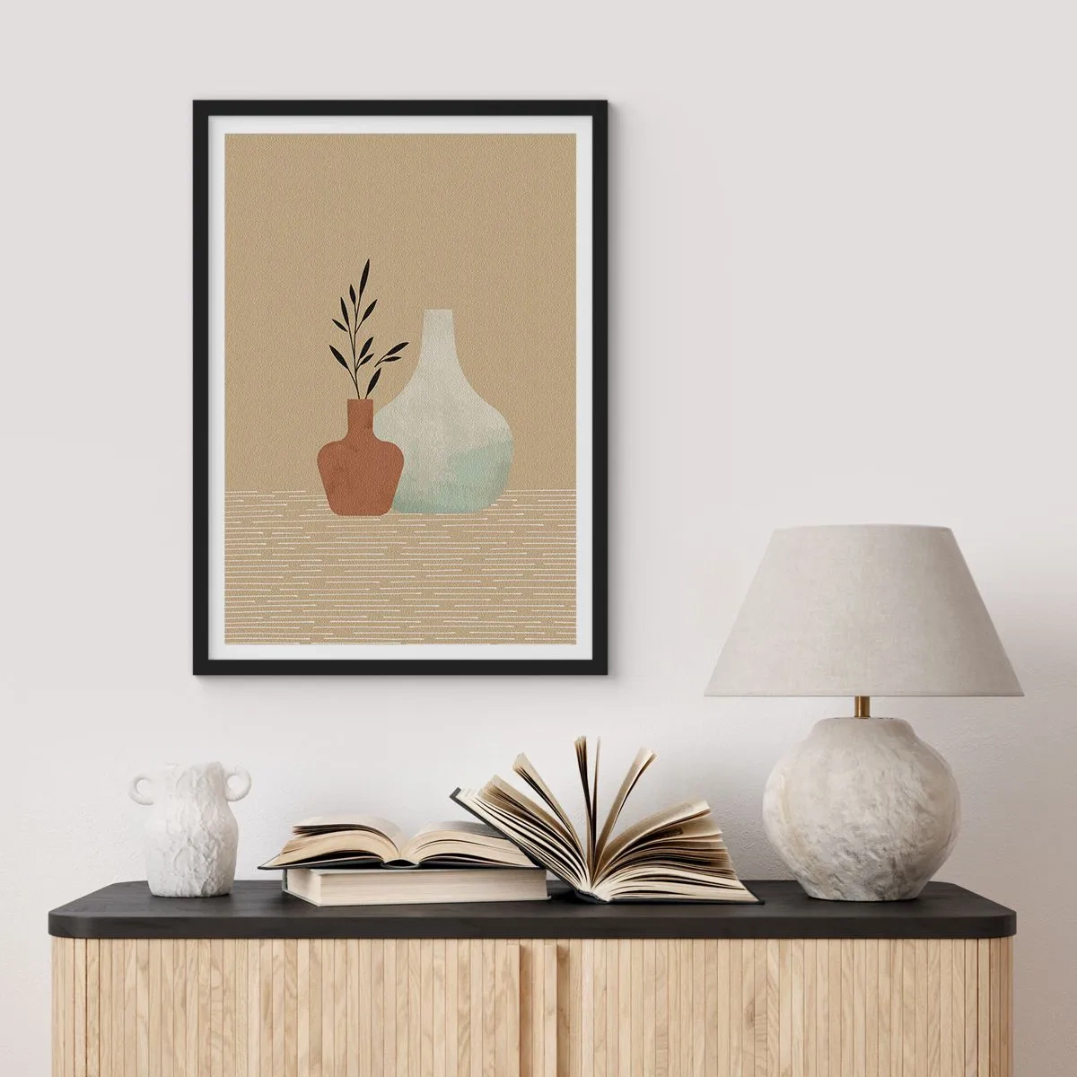 Affiche dans un cadre noir - Poster - Illustration de vases en céramique aux couleurs douces - 50x70cm - Le vase et son idée - Décoration murale moderne pour le salon et la chambre ARTTOR
