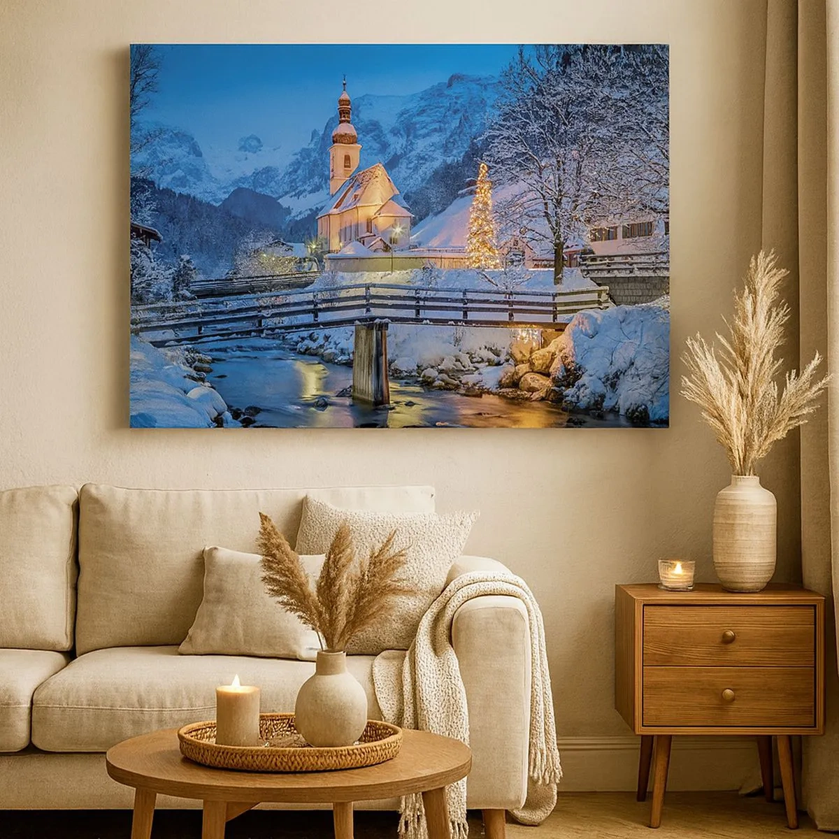 Impression sur toile - Image sur toile - Paysage d'hiver avec une église, un pont et des montagnes au crépuscule - 70x50cm - L'âme du monde - Décoration murale moderne pour le salon et la chambre ARTTOR