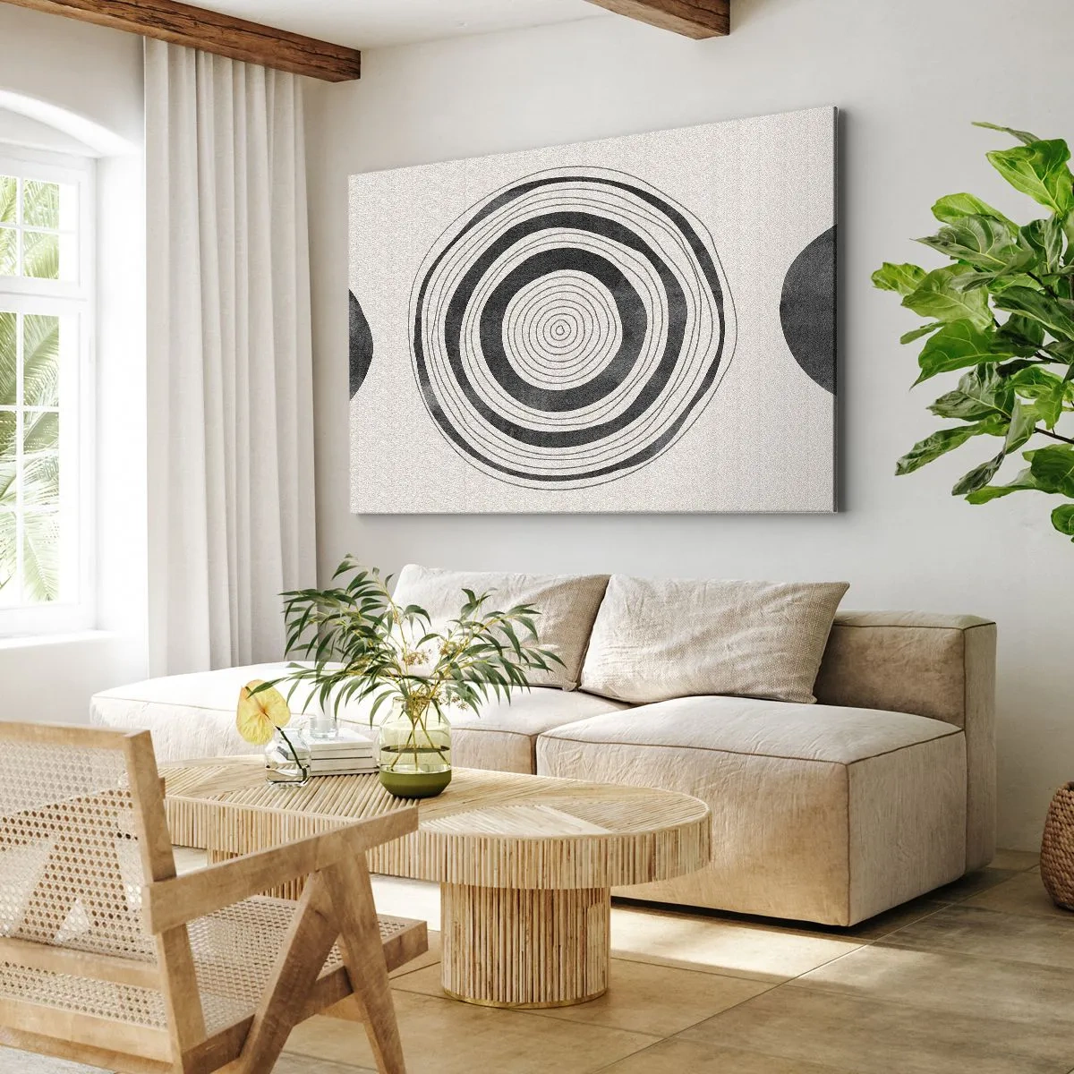 Impression sur toile - Image sur toile - Cercles minimalistes noirs et blancs sur fond clair - 70x50cm - Ce qui est important c'est ce qu'il y a entre les deux - Décoration murale moderne pour le salon et la chambre ARTTOR