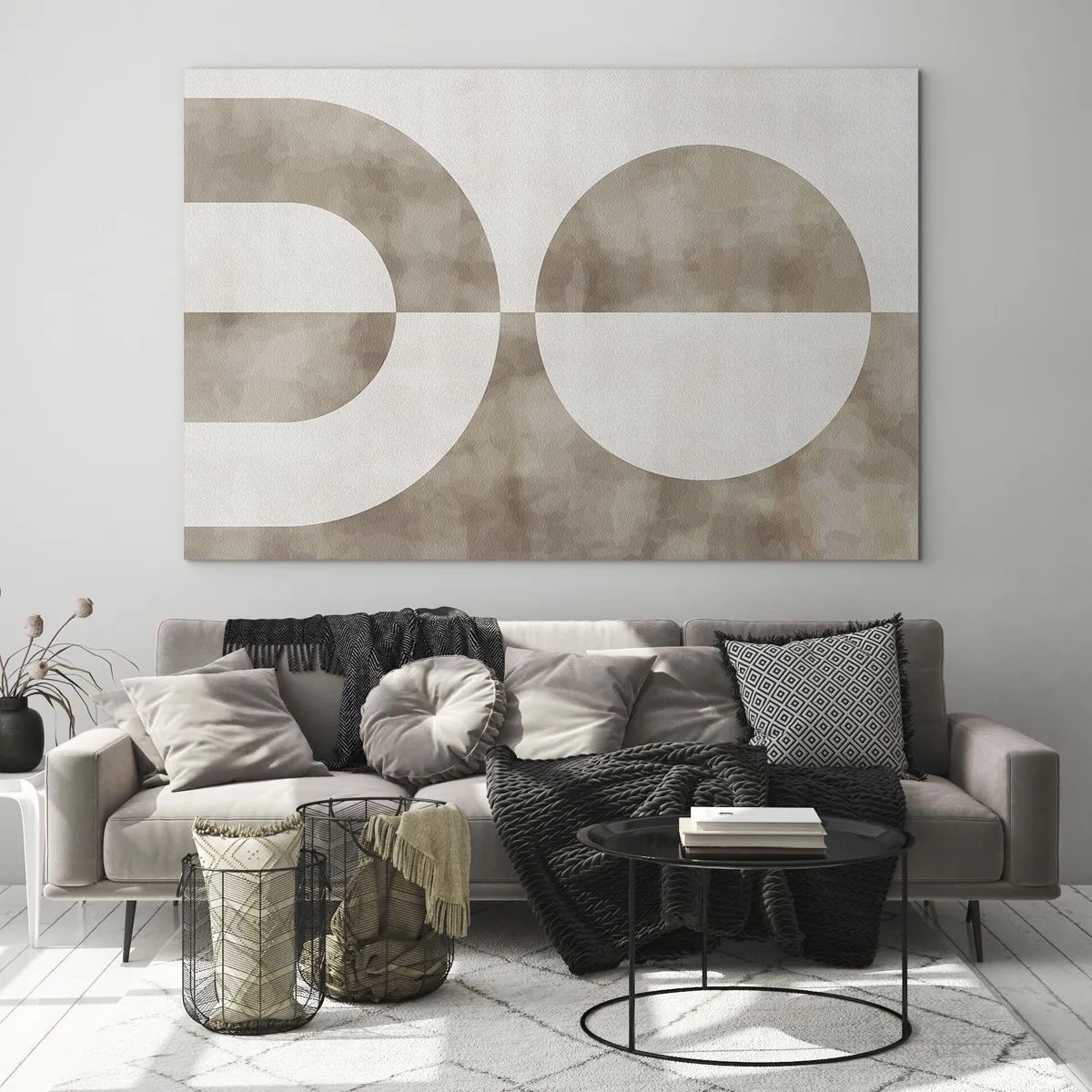 Impression sur verre - Image sur verre - Géométrie beige avec un demi-cercle et un cercle sur un fond horizontal - 70x50cm - Similitudes et différences - Décoration murale moderne pour le salon et la chambre ARTTOR