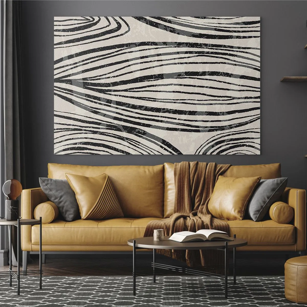 Impression sur verre - Image sur verre - Vagues de lignes noires sur fond clair - 70x50cm - Ligne de marécage - Décoration murale moderne pour le salon et la chambre ARTTOR