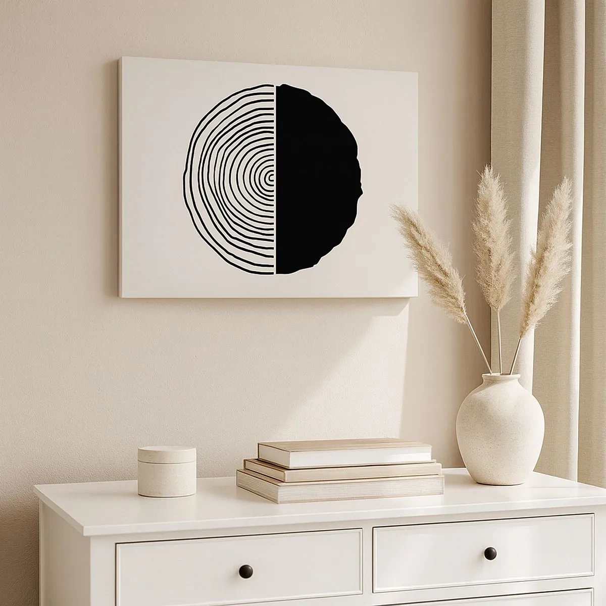 Impression sur toile - Image sur toile - Un motif abstrait en noir et blanc inspiré d'une coupe transversale de bois avec une division géométrique. - 70x50cm - Moitié-moitié - Décoration murale moderne pour le salon et la chambre ARTTOR