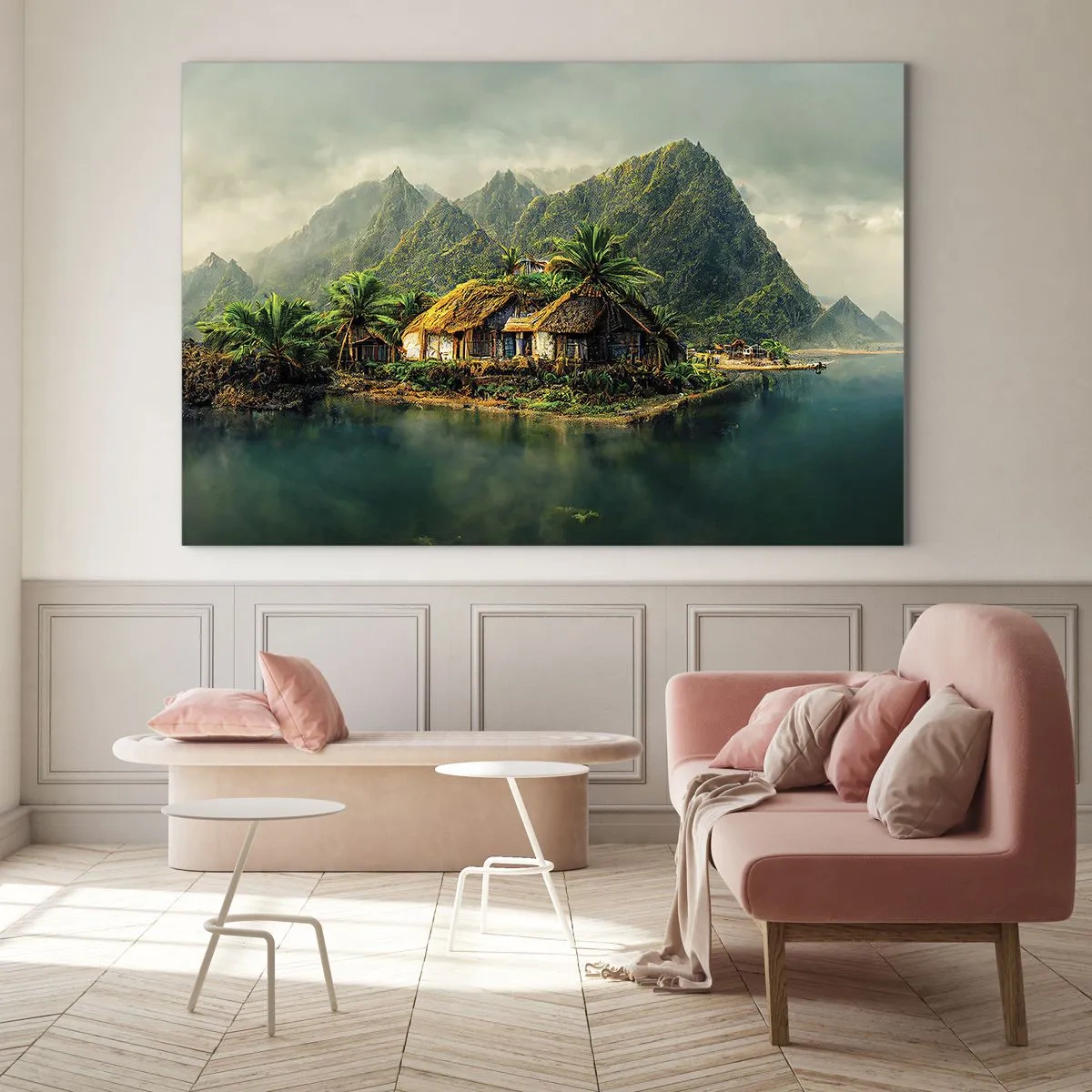 Impression sur verre - Image sur verre - Un village tropical au bord de l'eau entouré de montagnes et de palmiers - 70x50cm - Paradis tropical - Décoration murale moderne pour le salon et la chambre ARTTOR