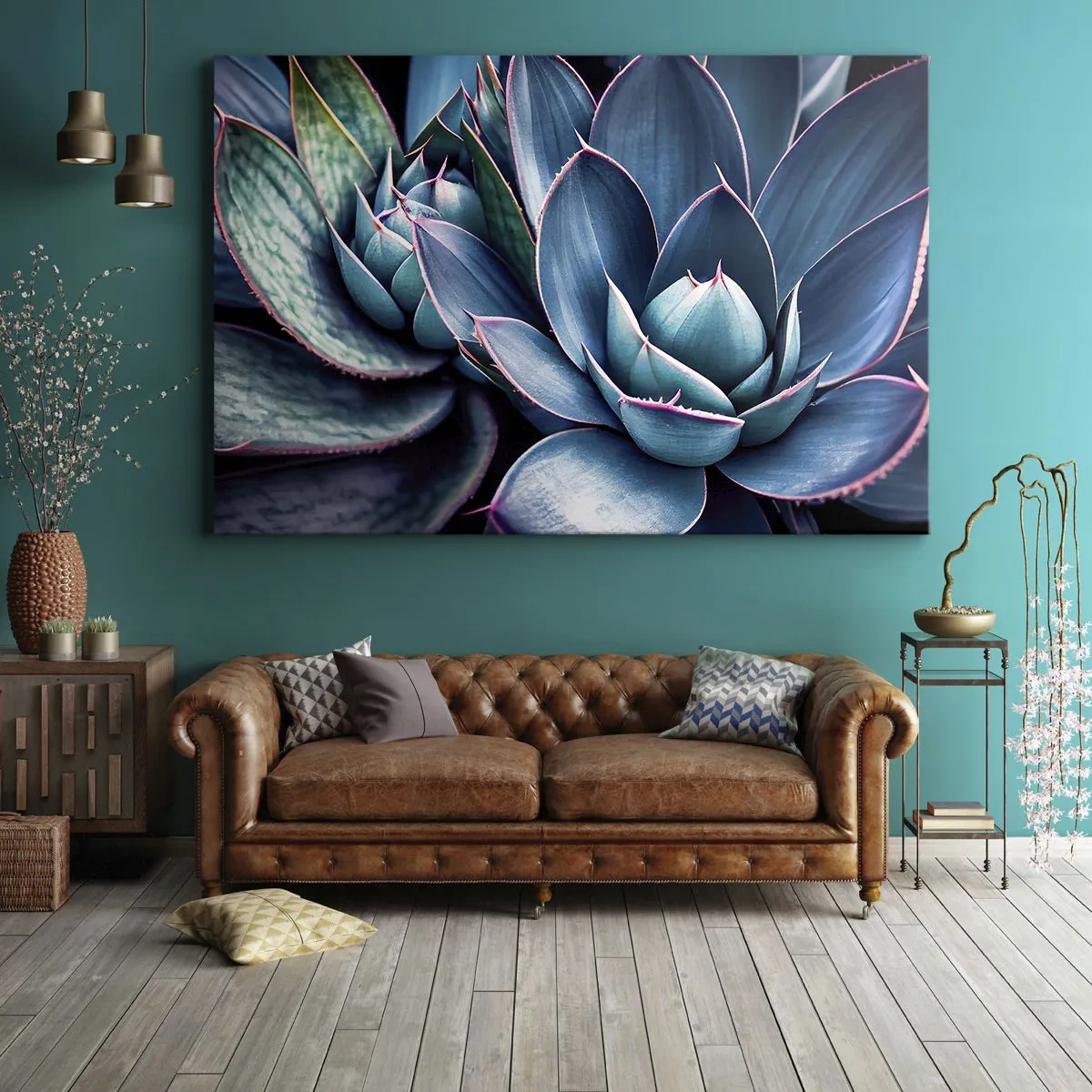Impression sur toile - Image sur toile - Agave dans des tons de bleu et de vert avec des accents roses - 70x50cm - Force vital - Décoration murale moderne pour le salon et la chambre ARTTOR