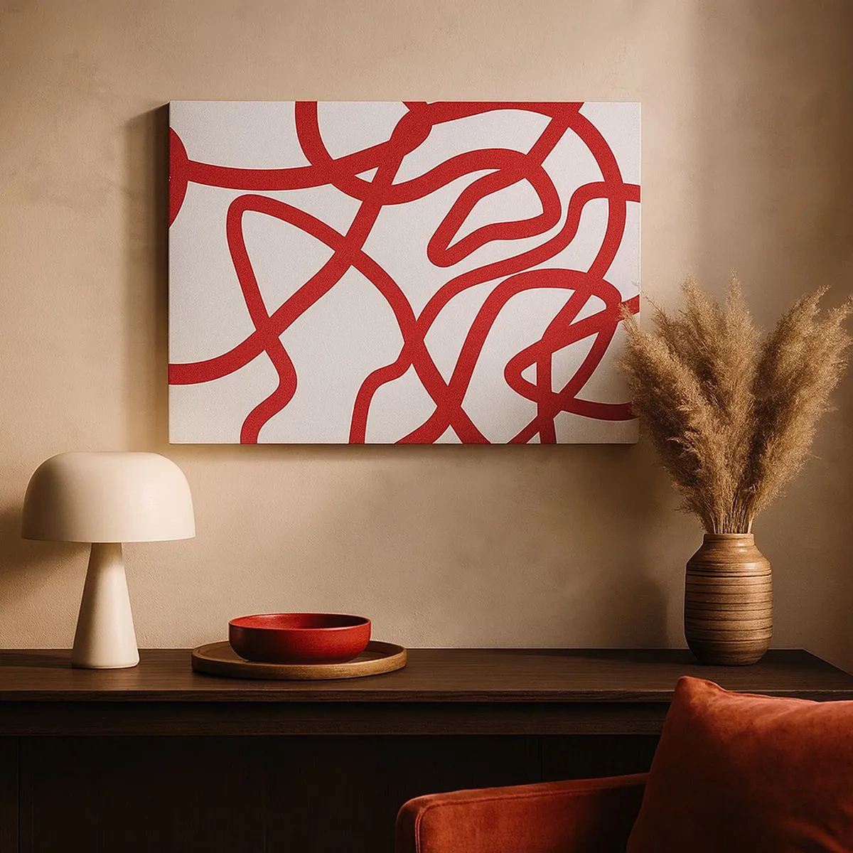Impression sur toile - Image sur toile - Lignes abstraites rouges sur fond blanc - 70x50cm - Rouge sur blanc - Décoration murale moderne pour le salon et la chambre ARTTOR