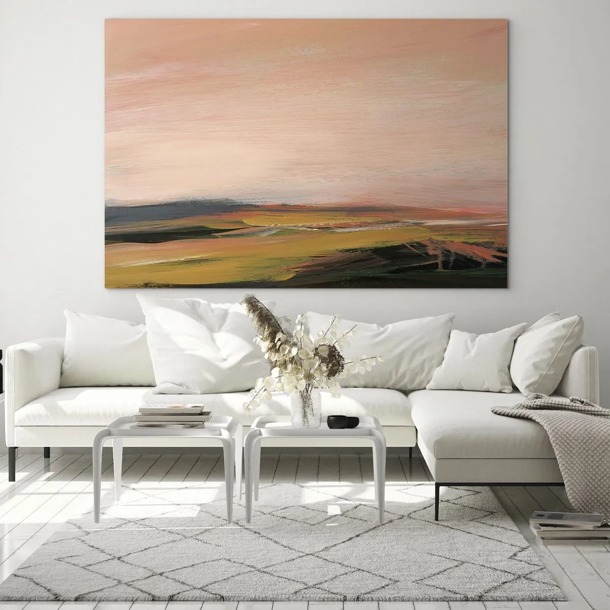 Impression sur verre - Image sur verre - Un paysage abstrait dans des tons de rose et de vert cassé. - 70x50cm - Dans les tons de roses - Décoration murale moderne pour le salon et la chambre ARTTOR