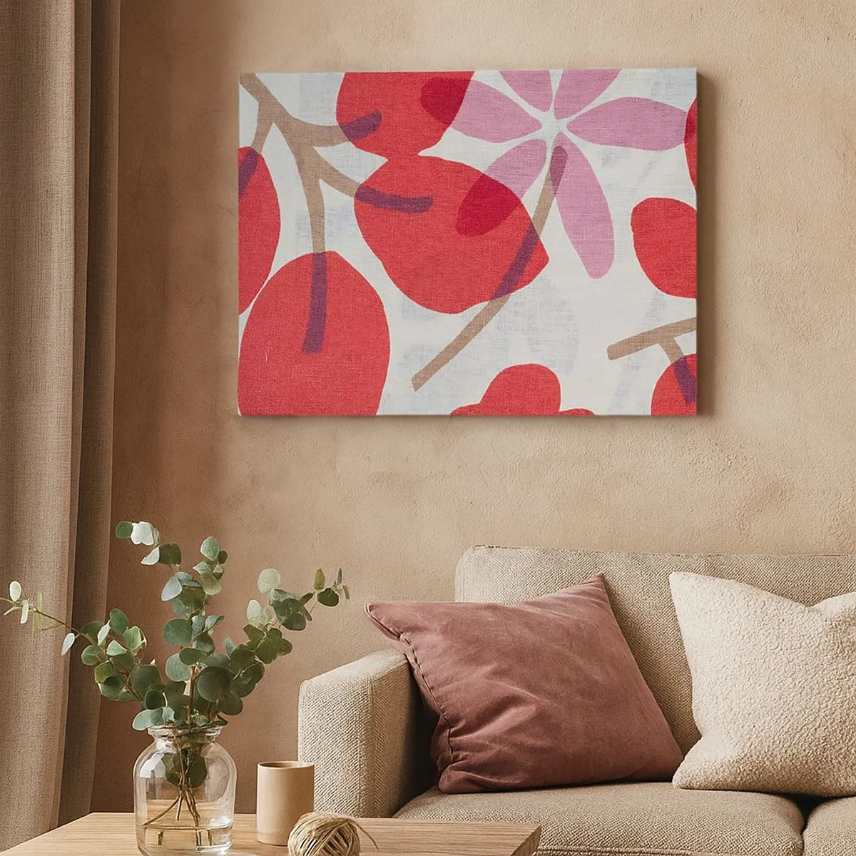 Impression sur toile - Image sur toile - Fleurs et feuilles dans les tons de rouge et de rose - 70x50cm - Composition florale dans les roses - Décoration murale moderne pour le salon et la chambre ARTTOR