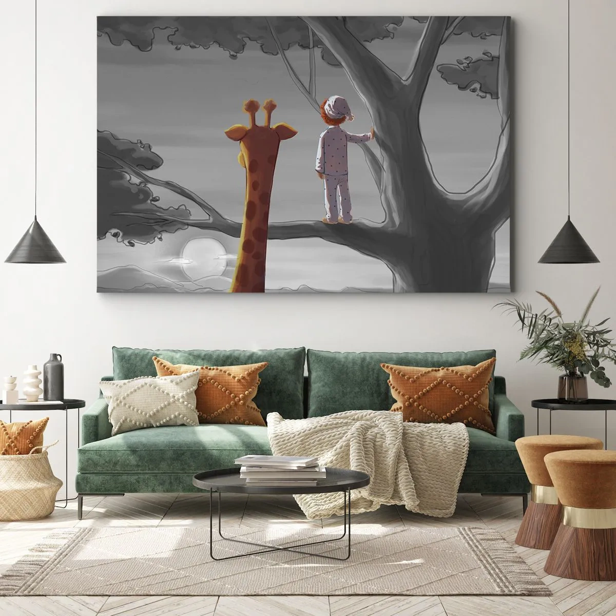 Impression sur toile - Image sur toile - Un enfant et une girafe sur une branche d'arbre dans un paysage de conte de fées - 70x50cm - Cela arrive vraiment - Décoration murale moderne pour le salon et la chambre ARTTOR