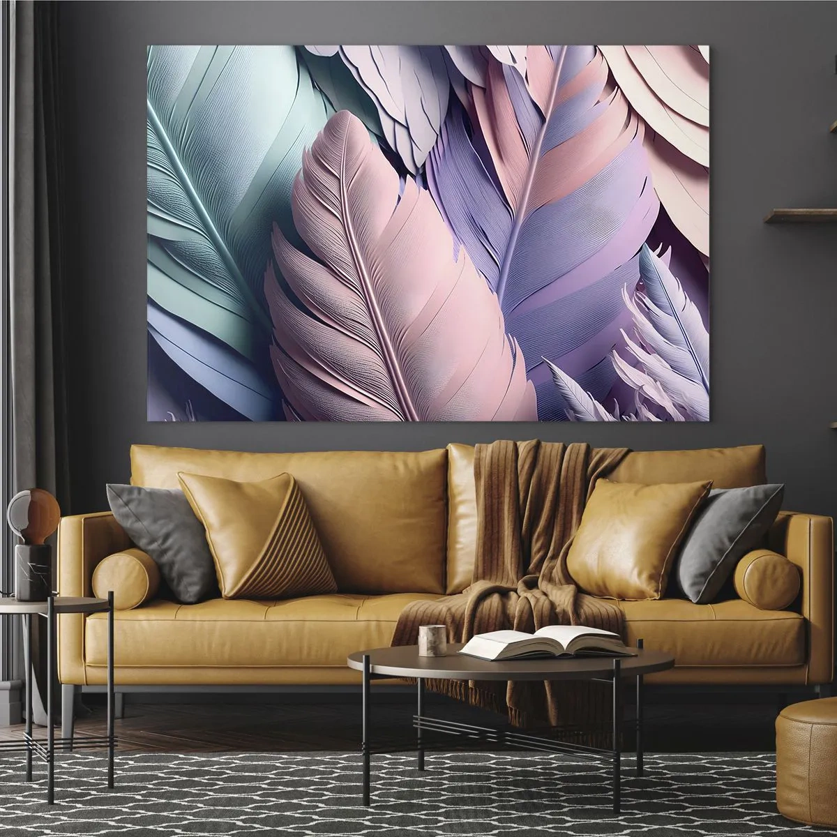 Impression sur verre - Image sur verre - Plumes pastel dans les tons de rose, violet et turquoise - 70x50cm - Oiseau chic - Décoration murale moderne pour le salon et la chambre ARTTOR