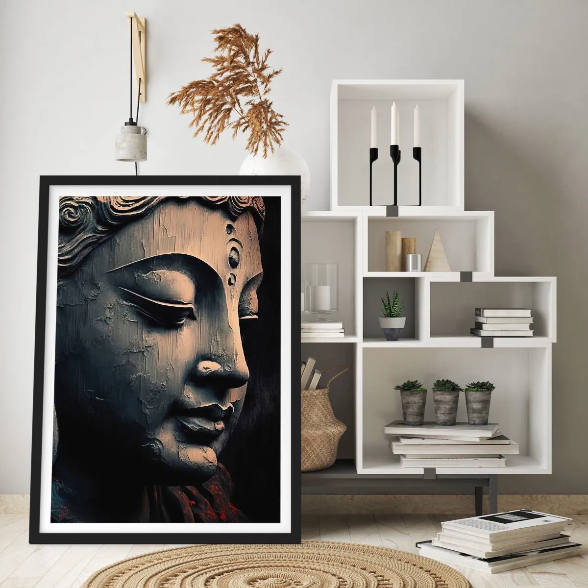 Affiche dans un cadre noir - Poster - Gros plan d'une sculpture de Bouddha dans une lumière chaude - 50x70cm - En harmonie avec le monde - Décoration murale moderne pour le salon et la chambre ARTTOR
