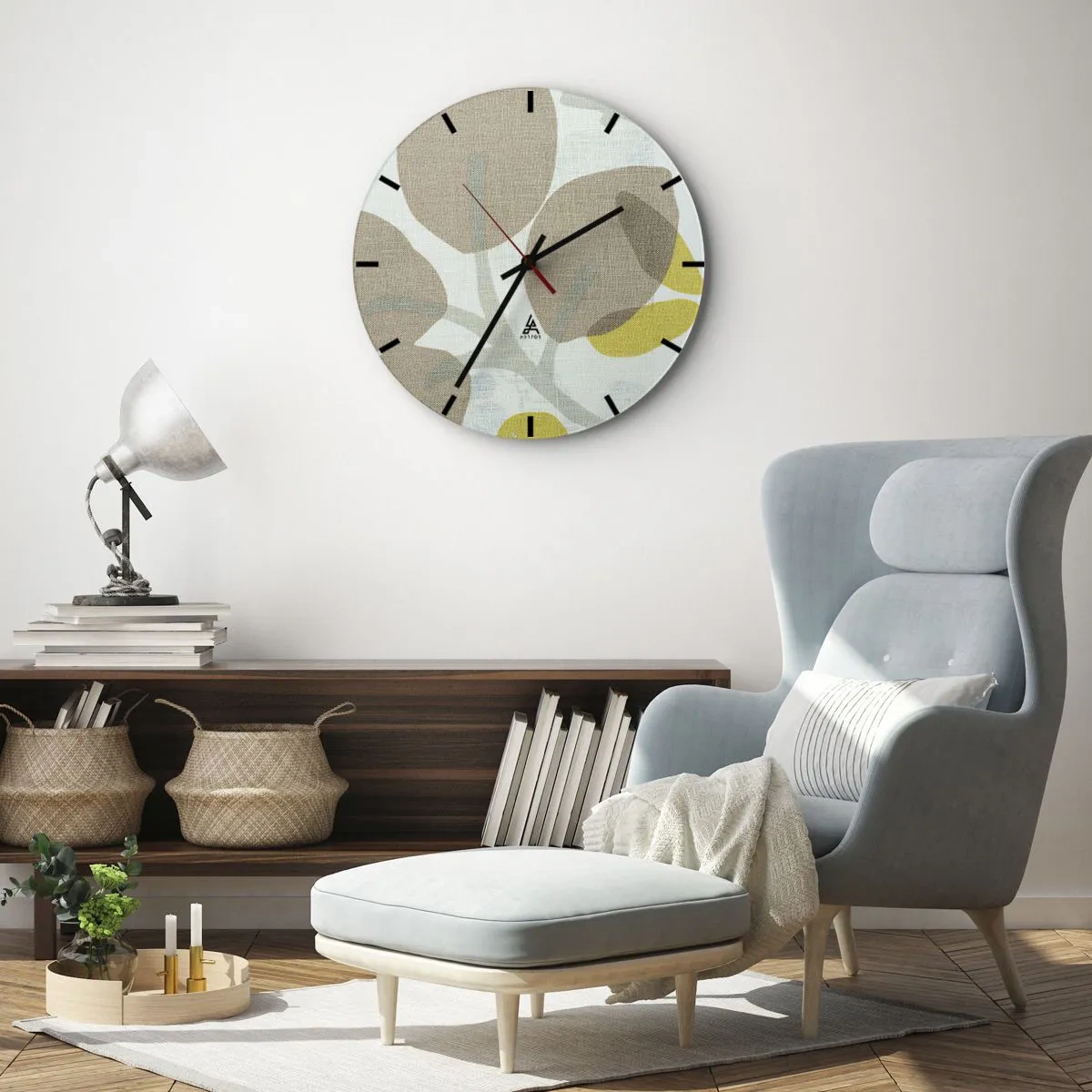 Horloge murale - Pendule murale - Feuilles pastel et accents jaunes sur un fond texturé en lin - 30x30cm - Composition en plein soleil - Décoration murale moderne pour le salon, la cuisine et la chambre ARTTOR