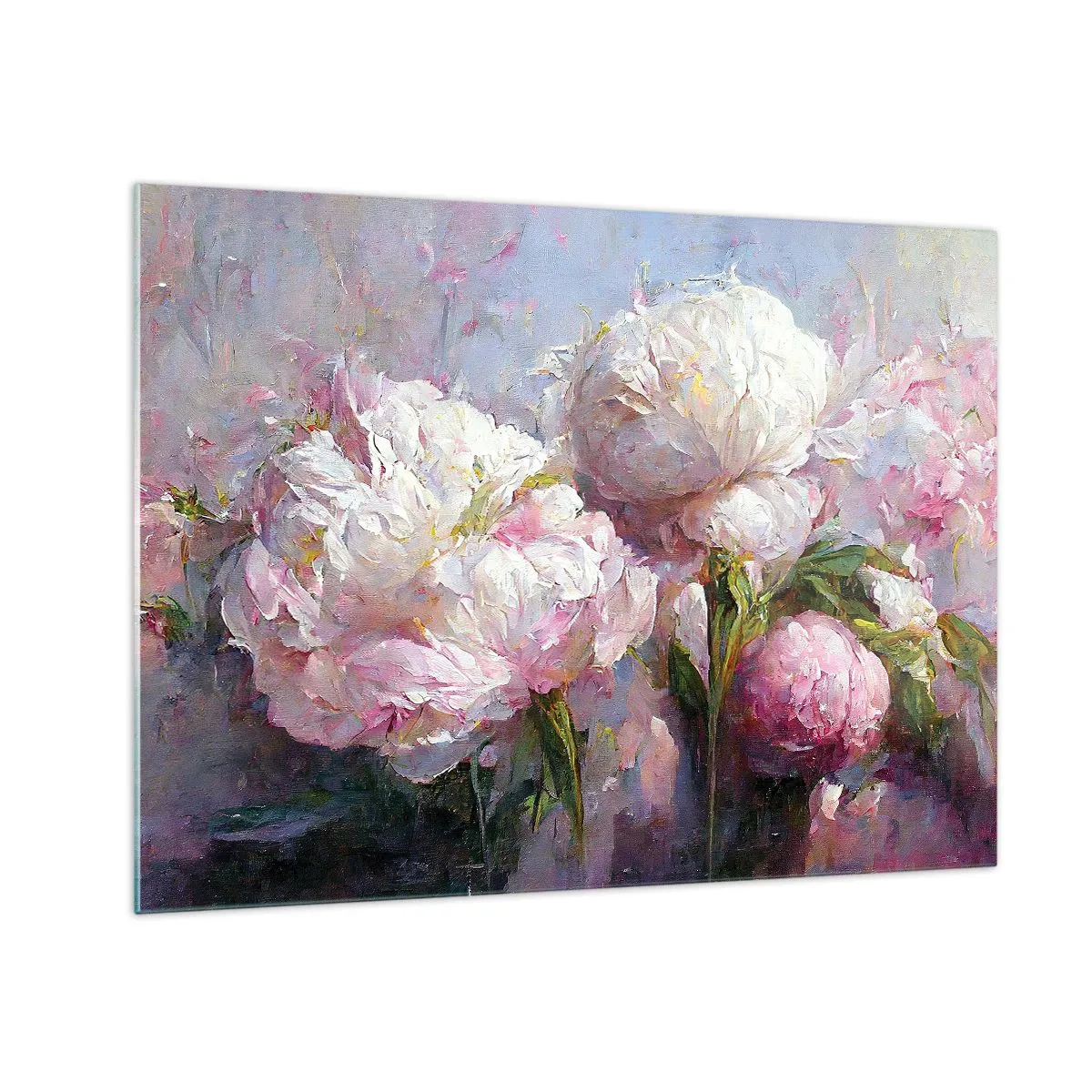 Impression sur verre - Image sur verre - Peinture à l'huile de pivoines blanches et roses en fleurs - 70x50cm - Un bouquet plein de vie - Décoration murale moderne pour le salon et la chambre ARTTOR