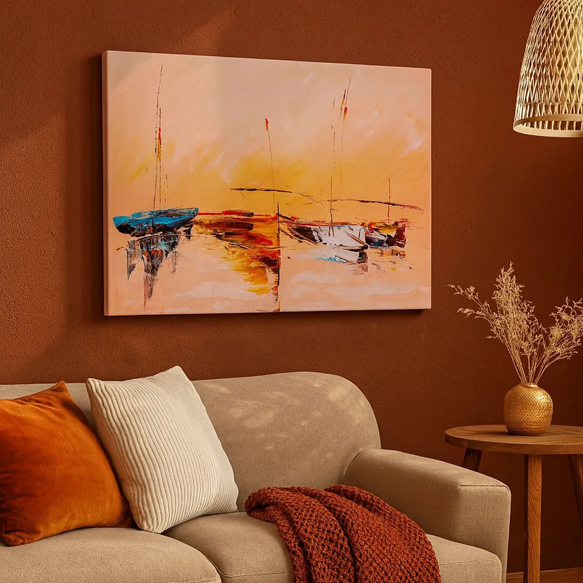 Impression sur toile - Image sur toile - Bateaux colorés sur une eau calme au coucher du soleil - 70x50cm - Soirée à la marina - Décoration murale moderne pour le salon et la chambre ARTTOR