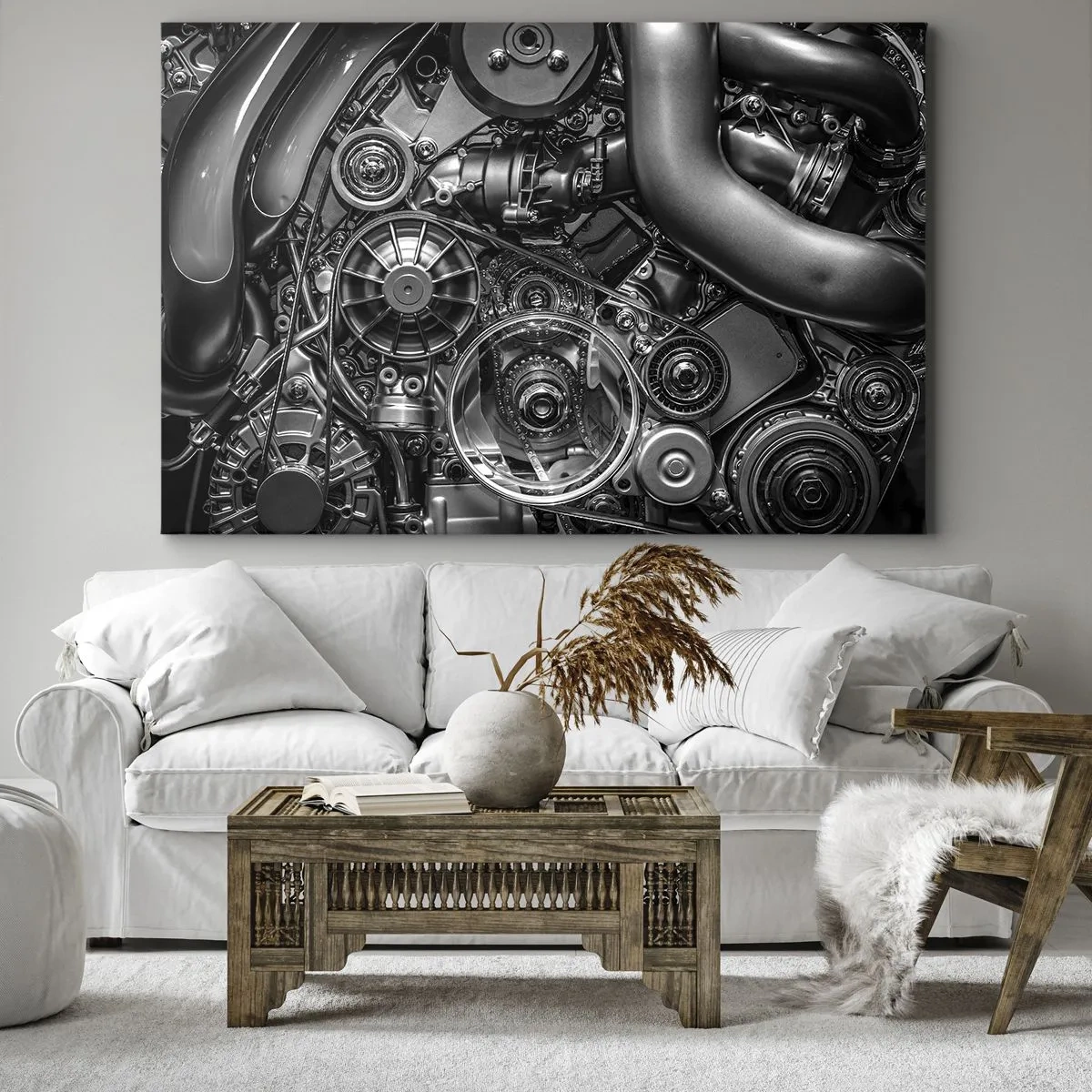 Impression sur toile - Image sur toile - Gros plan noir et blanc des détails mécaniques d'un moteur de voiture. - 70x50cm - Poésie mécanique - Décoration murale moderne pour le salon et la chambre ARTTOR