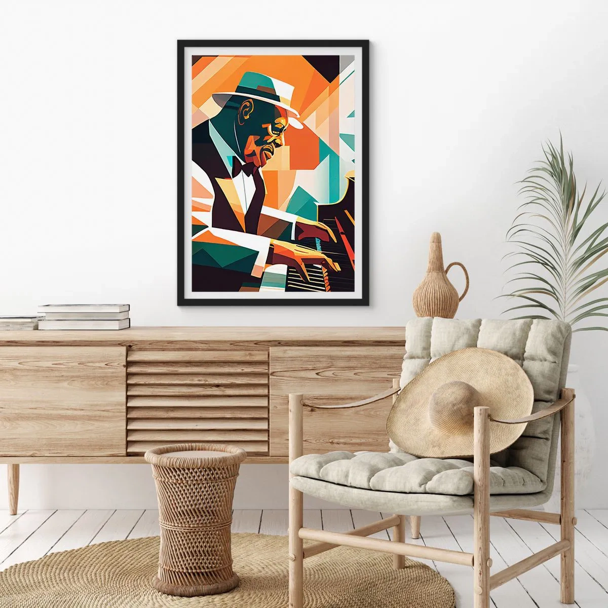 Affiche dans un cadre noir - Poster - Portrait abstrait d'un pianiste de style cubiste - 50x70cm - C’est tout le jazz - Décoration murale moderne pour le salon et la chambre ARTTOR