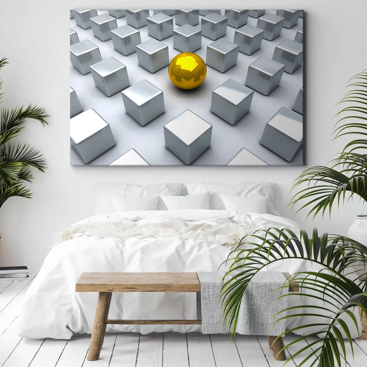 Impression sur toile - Image sur toile - Une sphère dorée se détachant parmi les cubes d'argent - 70x50cm - Pourquoi moi? Composition géométrique - Décoration murale moderne pour le salon et la chambre ARTTOR
