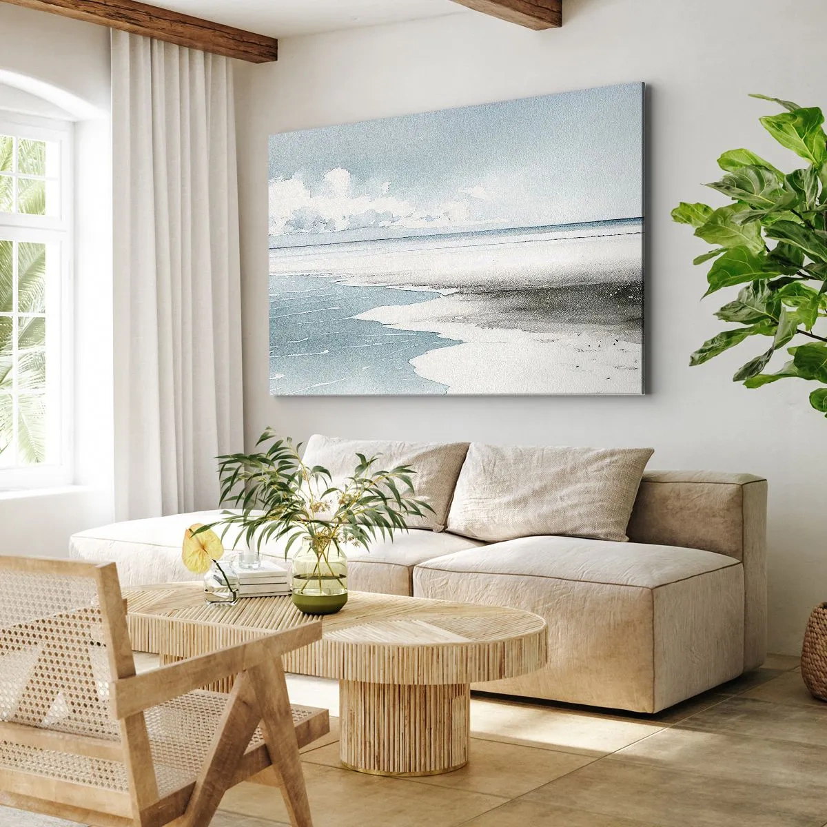 Impression sur toile - Image sur toile - Une mer calme et une plage aux tons clairs de bleu - 70x50cm - Marée douce - Décoration murale moderne pour le salon et la chambre ARTTOR