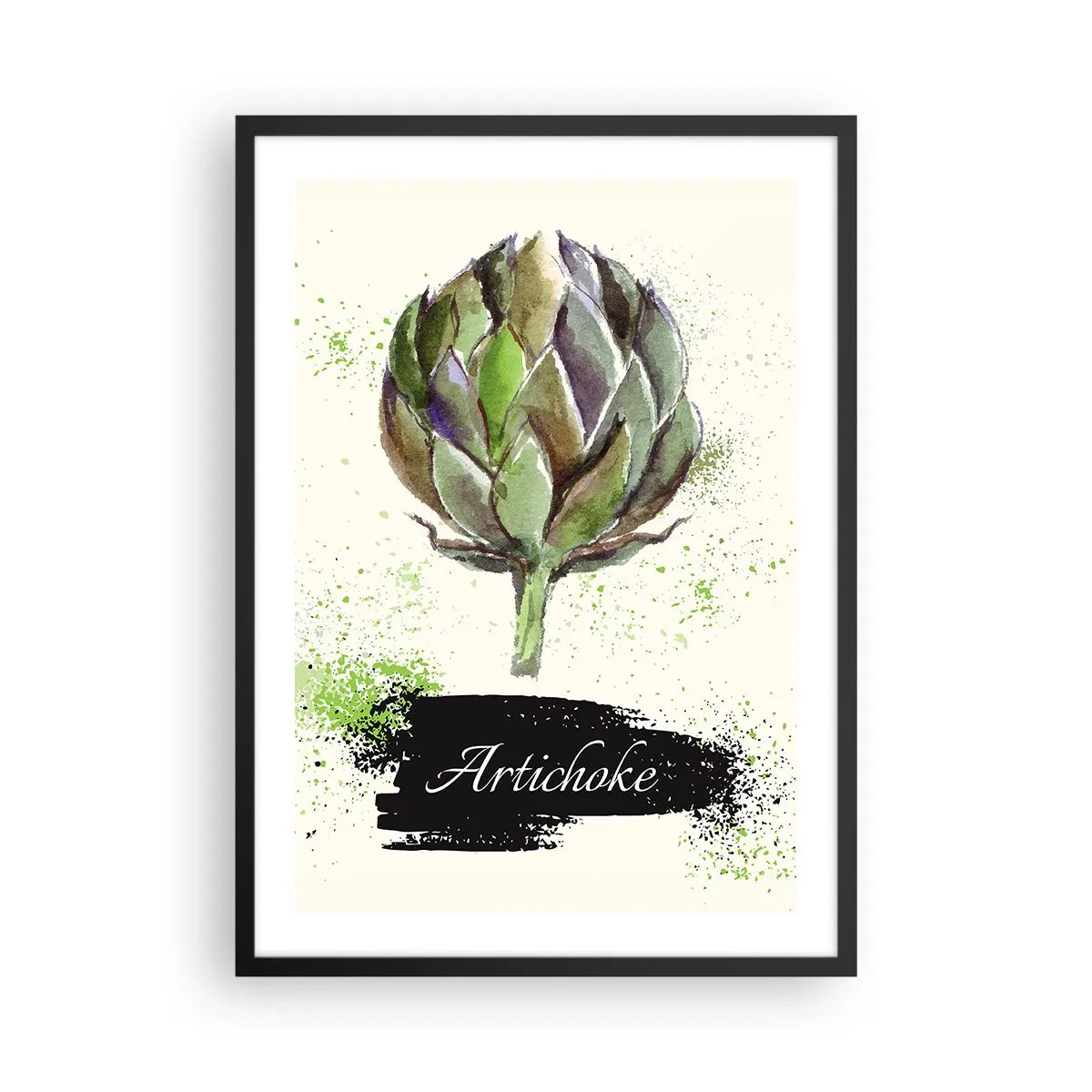 Affiche dans un cadre noir - Poster - Illustration à l'aquarelle d'un artichaut sur fond clair - 50x70cm - Vive les légumes! - Décoration murale moderne pour le salon et la chambre ARTTOR