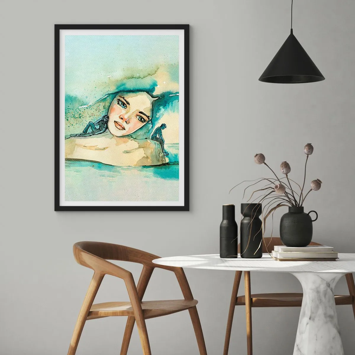 Affiche dans un cadre noir - Poster - Portrait d'une femme dans un style aquarelle artistique - 50x70cm - Suis-je bleu? - Décoration murale moderne pour le salon et la chambre ARTTOR