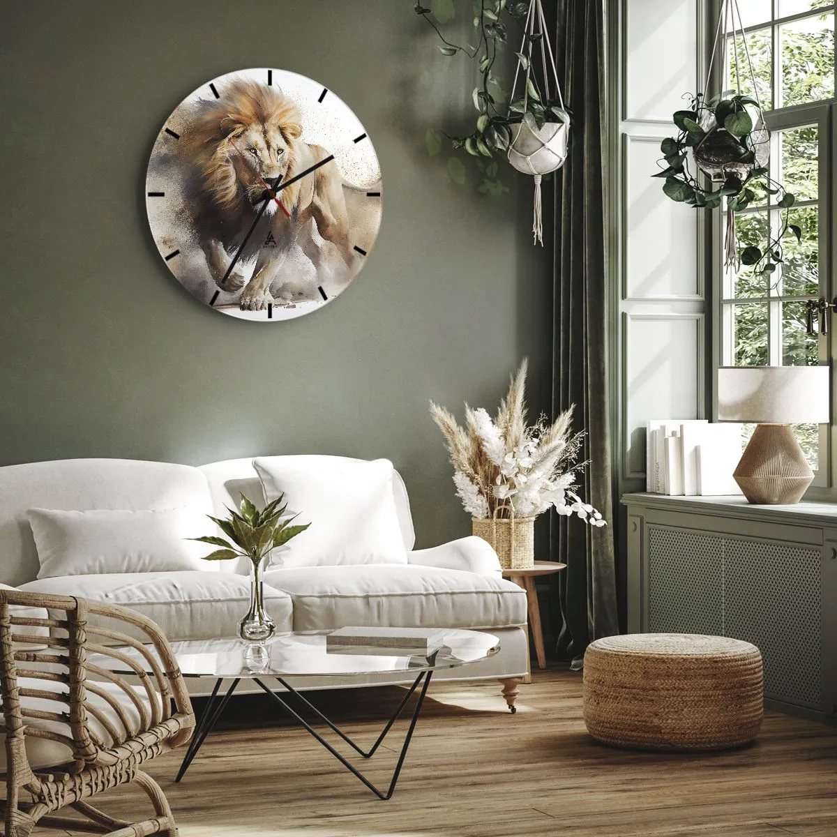 Horloge murale - Pendule murale - Plan dynamique d'un lion en mouvement sur fond blanc avec un effet de poussière. - 30x30cm - Le roi bougea - Décoration murale moderne pour le salon, la cuisine et la chambre ARTTOR