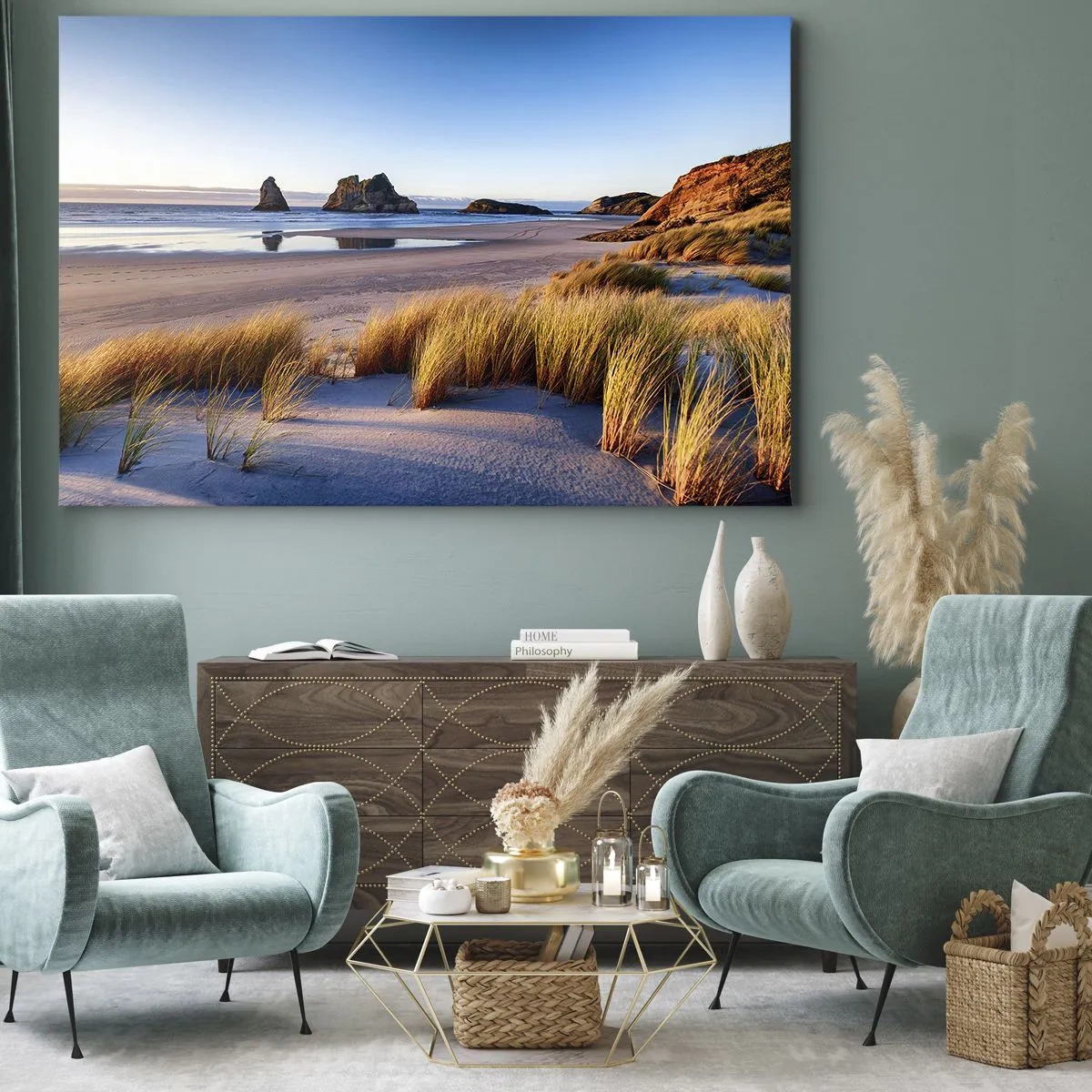 Impression sur toile - Image sur toile - Une plage pittoresque avec vue sur les rochers et la mer au coucher du soleil - 70x50cm - Pour les chercheurs de paix - Décoration murale moderne pour le salon et la chambre ARTTOR