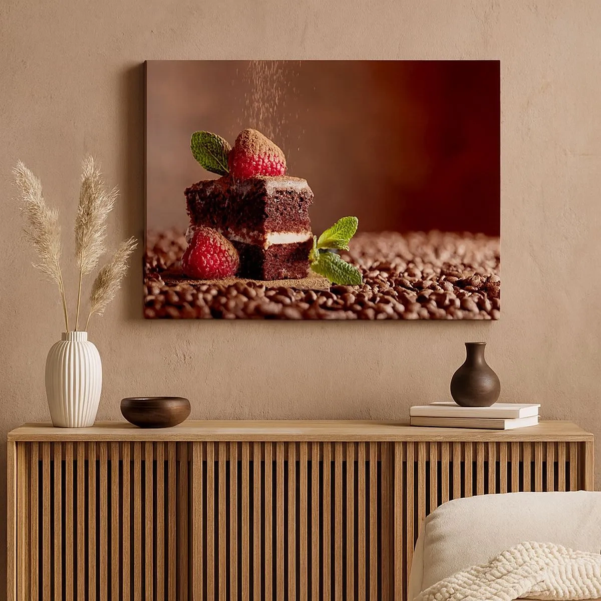 Impression sur toile - Image sur toile - Gâteau au chocolat aux framboises et à la menthe sur fond de fèves de cacao - 70x50cm - La vie est douce - Décoration murale moderne pour le salon et la chambre ARTTOR