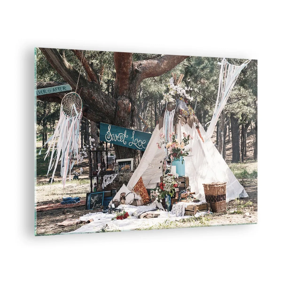 Impression sur verre - Image sur verre - Décoration extérieure bohème avec un tipi et des fleurs dans la forêt - 70x50cm - Make love… - Décoration murale moderne pour le salon et la chambre ARTTOR