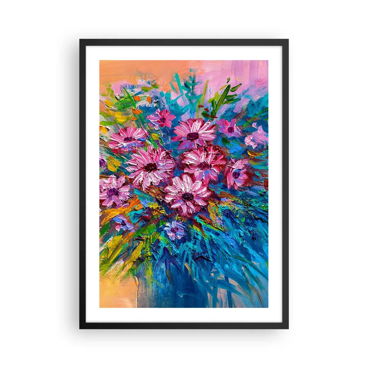 Affiche dans un cadre noir - Poster - Un bouquet de fleurs aux couleurs intenses sur un fond abstrait - 50x70cm - Énergie de la vie - Décoration murale moderne pour le salon et la chambre ARTTOR