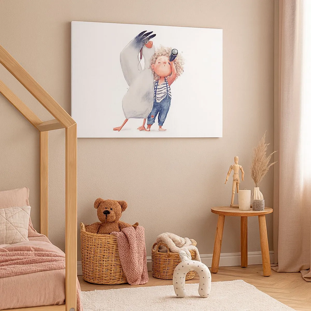 Impression sur toile - Image sur toile - Illustration d'un enfant avec un pélican et un télescope à la main - 70x50cm - Plan de grand voyage - Décoration murale moderne pour le salon et la chambre ARTTOR