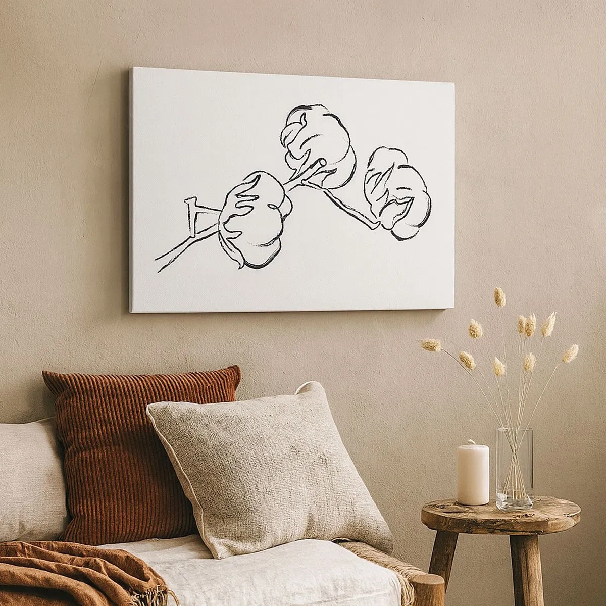 Impression sur toile - Image sur toile - Un contour délicat d'une branche de coton sur fond blanc - 70x50cm - Duvet de coton - Décoration murale moderne pour le salon et la chambre ARTTOR