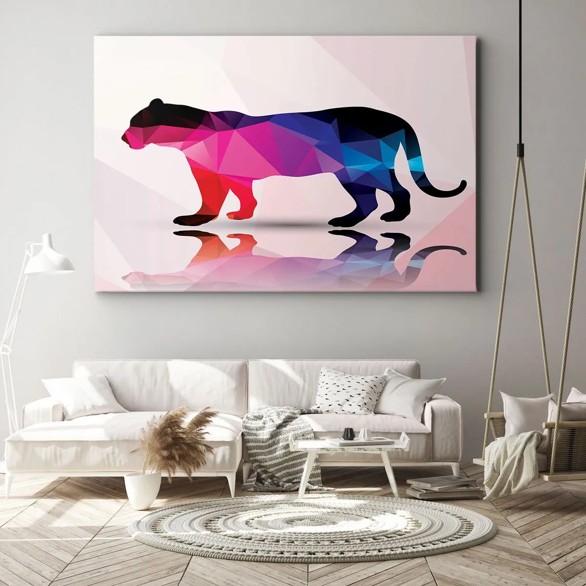 Impression sur toile - Image sur toile - Silhouette de panthère géométrique dans les tons rose et bleu - 70x50cm - Panthère de diamant - Décoration murale moderne pour le salon et la chambre ARTTOR